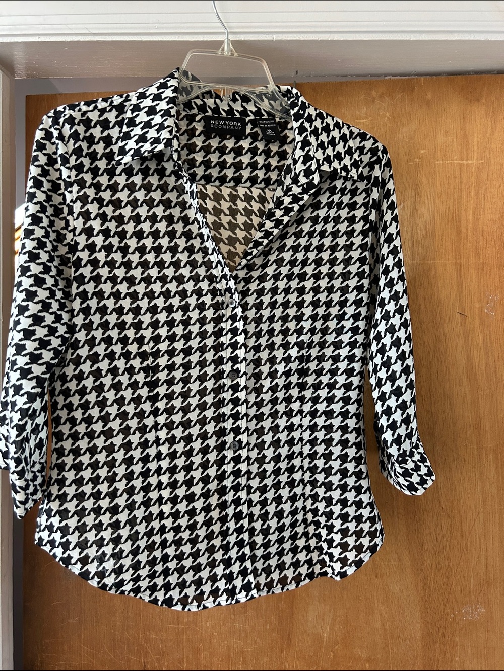 New York & Company Black and White Houndstooth Button-Down Shirt